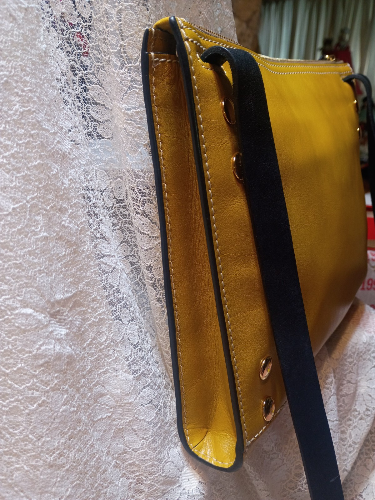 Orla Kiely Forget Me Not, Mustard Embossed 100℅ Cow Leather Crossbody image 4