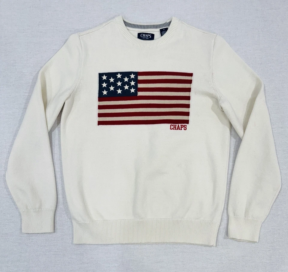 Suéter Chaps Ralph Lauren Tejido Pesado Crema Para Hombre Mediano Bandera de EE. UU. Bordada Foto 2 de 4