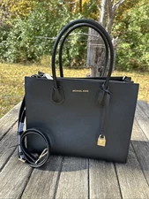 MICHAEL KORS  Genuine Black Leather Tote Purse Crossbody MERCER NWT New