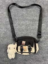 Kawaii Teddy Bear Crossbody Bag Black Cream Plush Charm Y2K