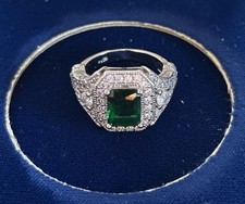 Art Deco Style Emerald  Rhinestones 925 Silver Engagement Ring Size 7