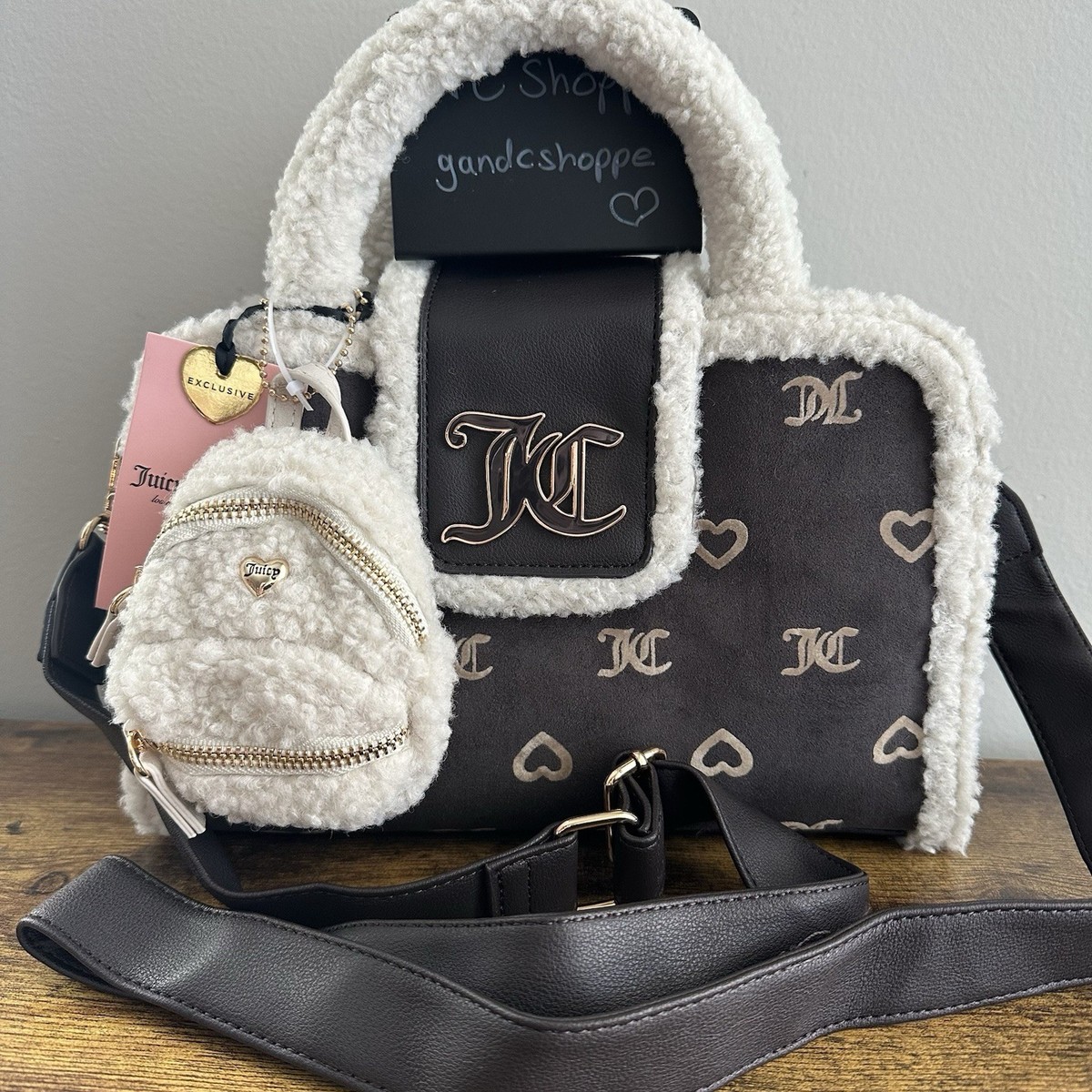 New Juicy Couture Snuggle Satchel Crossbody Handbag Winter Brown