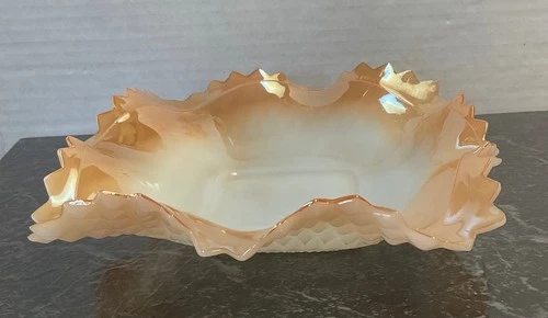 Vintage Indiana Glass Diamond Point Iridescent Milk Glass Dish Sawtooth Edge