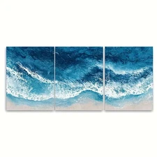 3pcs Abstract Blue Seaside Illustration  Wall Art Canvas Framed 50x70cm