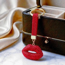 Red Rhinestone Lips Keychain Gold Tone Crystal Pave Lips Purse Charm Gift Bling