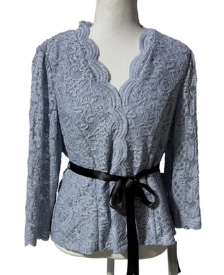 Alex Evenings Women's Lace Belted 3/4 Blouse Hydrangea Large