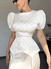 French Floral Midi Dress Peplum Belt Puff Sleeve Cottagecore Romantic L