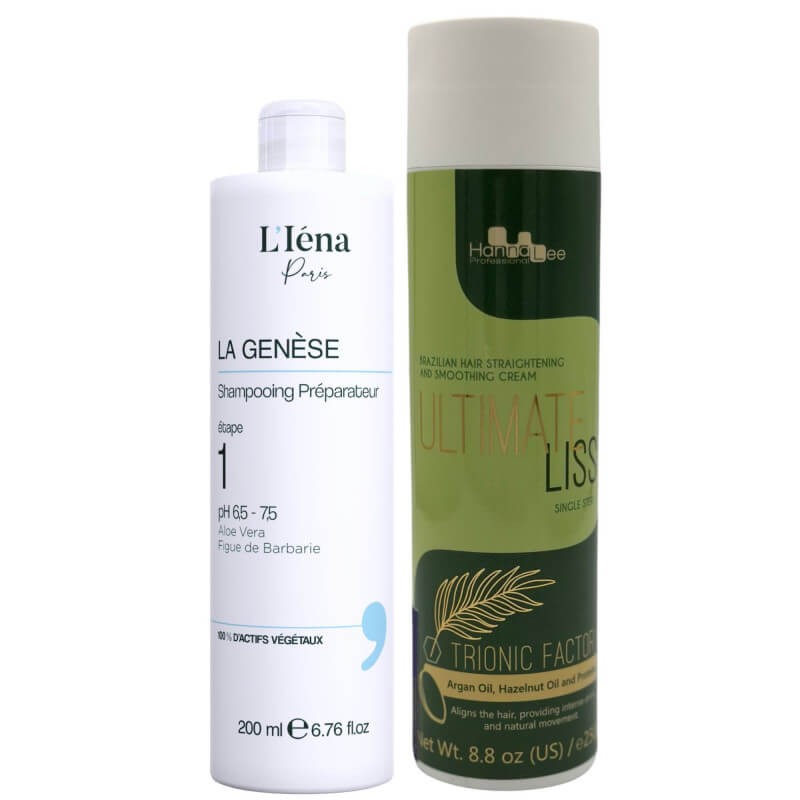 Mini-kit Ultimate Liss Hanna Lee 250g et son shampooing La Genèse L'Iéna 200ml pour lissage brésilien