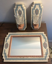 Vtg Home Interiors Wall Mirror Southwest Aztec Geometric 16x11 With 2 Sconces Us