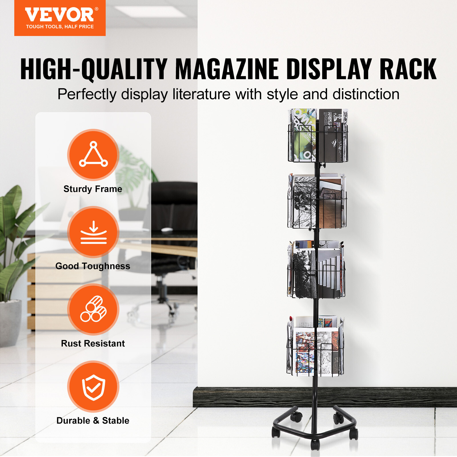 Porte-brochures mobile avec 32 compartiments et base rotative fluide