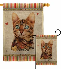 Brown Bengal Happiness Burlap Garden Flag Animals Cat Gift Yard House Banner