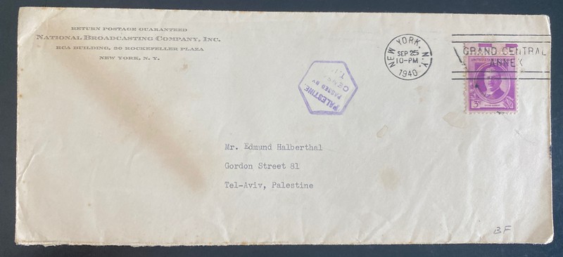 1940 New York Usa National Broadcasting Co Cover To Tel Aviv Palestine
