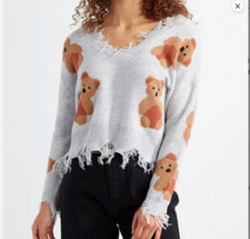 Just Polly Frayed Teddy Bear Sweater-Large-Cropped-Relaxed Fit-Factory Destroyed
