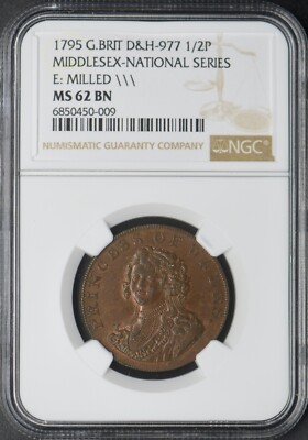 1795 Great Britain Middlesex 1/2 Penny NGC MS62BN Princess of