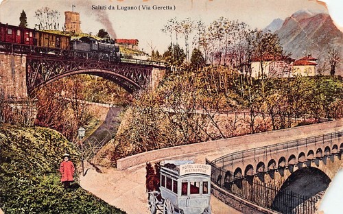 Hotel Lugano Switzerland Via Geretta Train Railroad Bridge Vtg Postcard C7