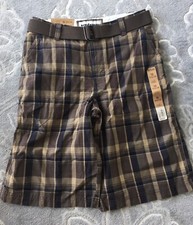 Youth Boys 16  30   Urban Pipeline Shorts Plaid Blue Brown Flat Front Belt 32