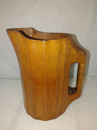 RARE 19TH CENTURY PRIMITIVE WOODEN 8 1/2" NOGGIN PITCHER ANTIQUE - Picture 3 of 8