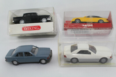 PKW-MB, Automodelle 1:87, 4 Mercedes Benz-Modell, 190 E, 500 SL, 220 S, u.a.  