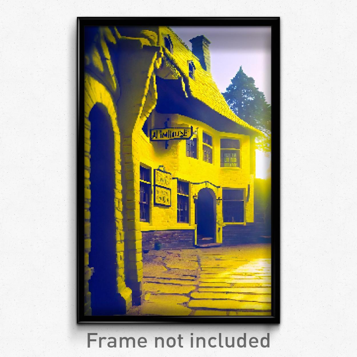 Pixel Art Poster - Yellow Almshouse (8 Bit Psychedelic Trippy Video Game Print)