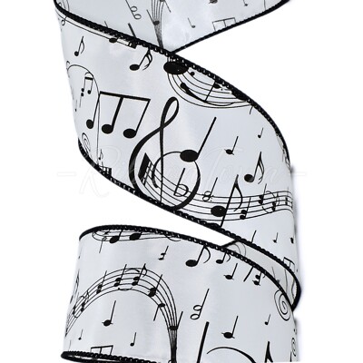Music Notes Black White Christmas Musical Wired Ribbon - 2.5