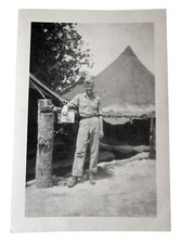 WW2 Era Photo U.S. Army GI Standing In Front Of Camp Tent