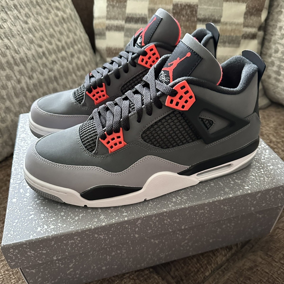 Size 12 - Jordan 4 Retro Mid Infrared Red Grey Suede Nubuck Black