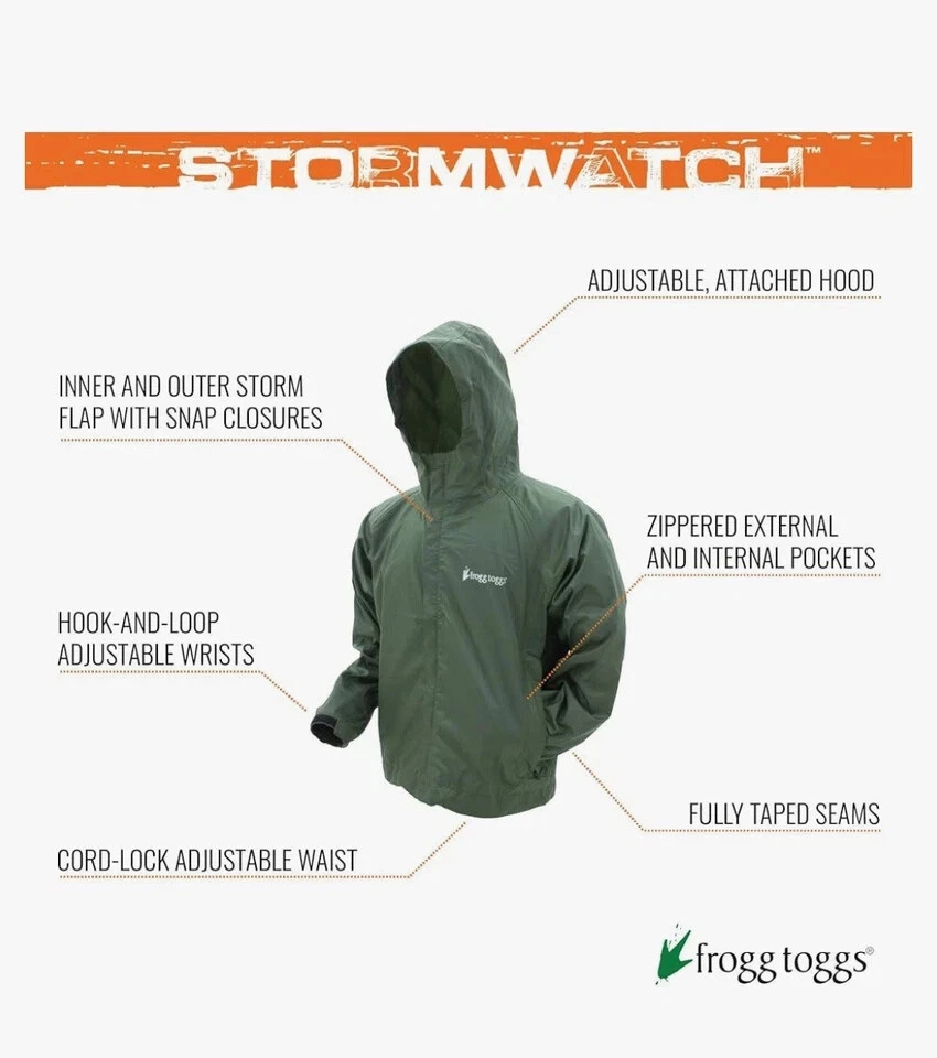 Jaqueta de chuva masculina frogg toggs® STORMWATCH M/L verde durável impermeável novo pacote! - Imagem 4 de 4