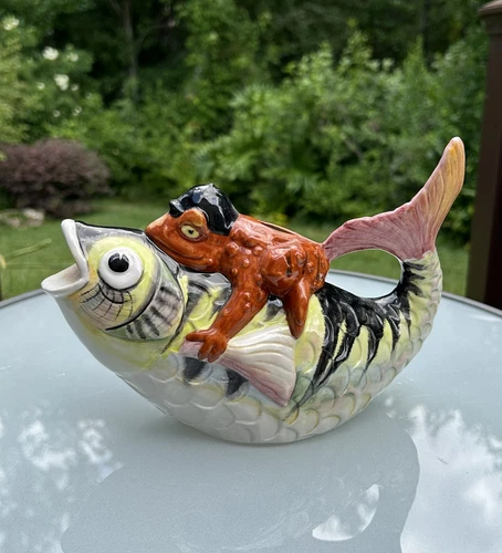 VTG Staffordshire Whimsical Helmeted Toad Riding a Fish Figural Teapot/Pitcher