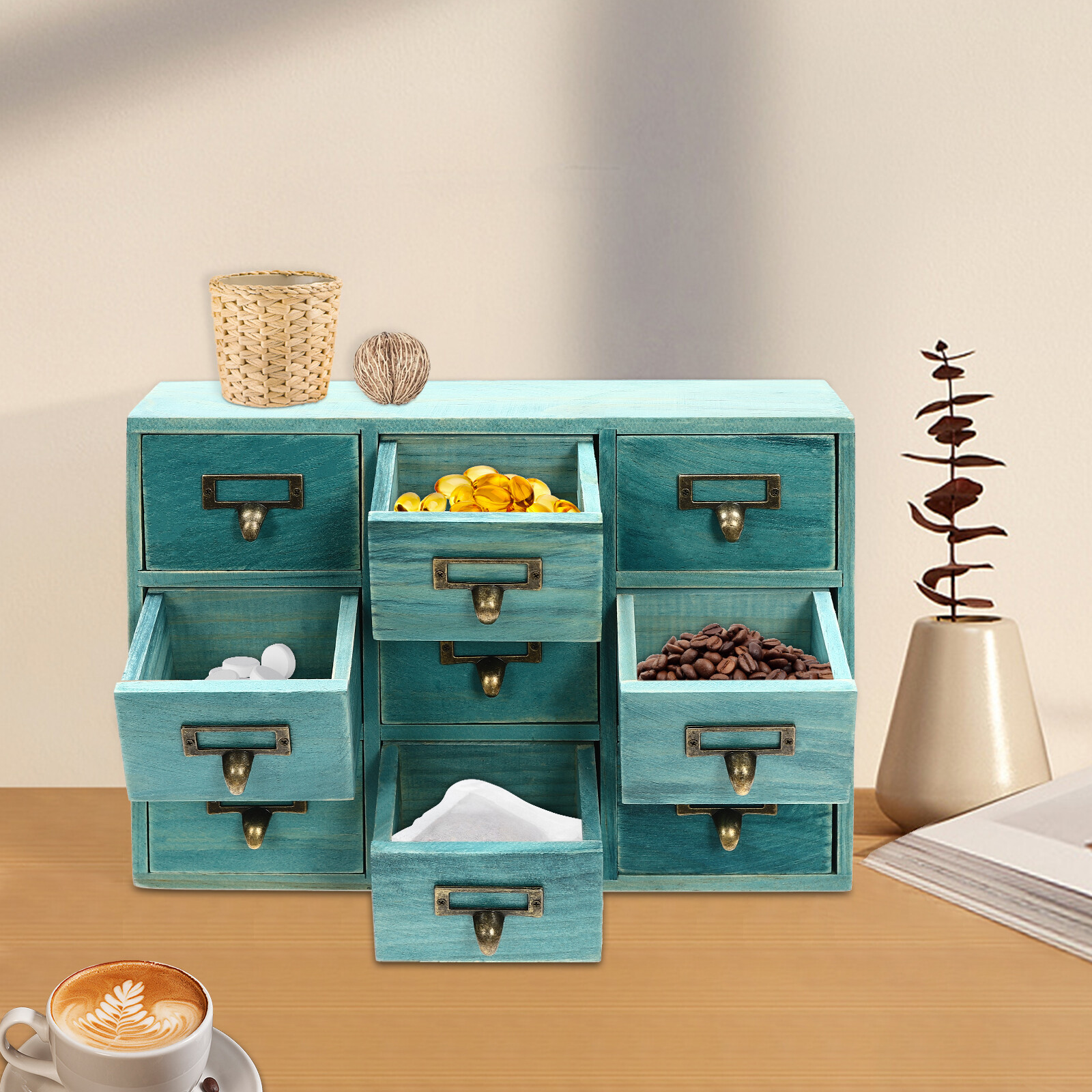 9 Drawers Wooden Apothecary Medicine Label Holder Catalog Card