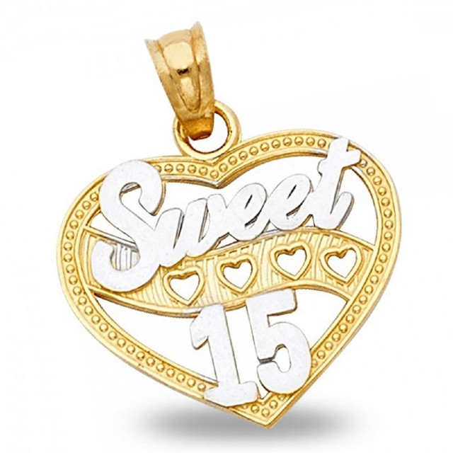 Sweet 15 Heart Pendant Solid 14k Yellow White Gold Quinceanera Charm Diamond Cut eBay