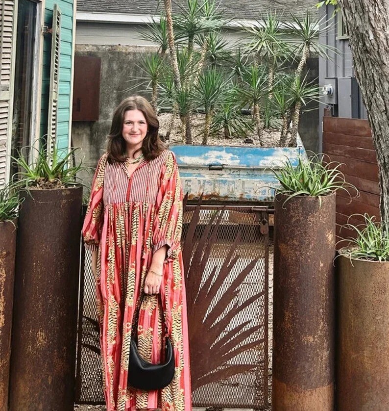 100% Cotton Peach Striped Tiger Maxi Gown, Long Dress Deep Neck Women's  Clothing | eBay