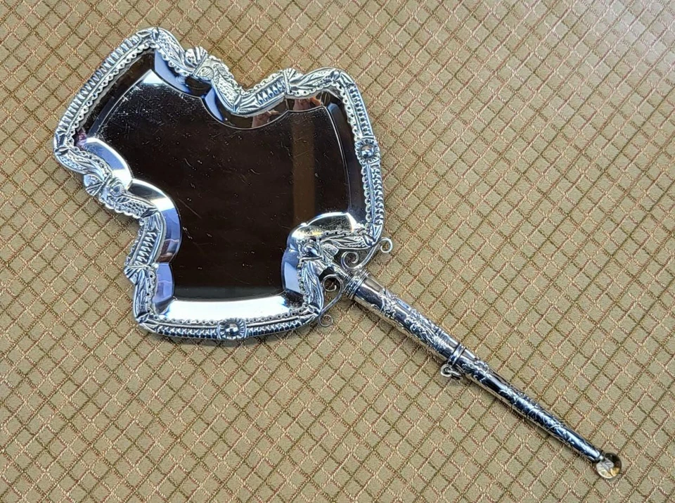 Espejo de mano holandés Premier 1900 plateado placa biselada seda belga floral damasco Foto 3 de 4