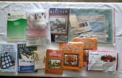 9 Needlepoint Needlecraft Felt Fabric Quilt Blocks Kits Lot Embroidery Floss Org
