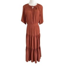 URBAN OUTFITTERS TERRA COTA BROWN TIERED SMOCKED PEASANT MAXI DRESS - S