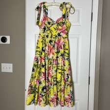 Eliza J Yellow Floral Tiered Midi Dress Womens Size 8 Tie Shoulders CP