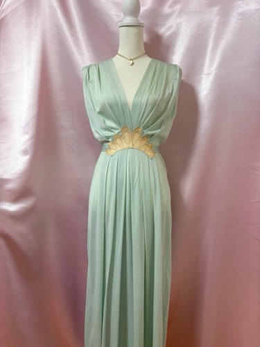 Vintage 1970s Satin Nightgown Empire Waist Lace Applique Maxi Boho