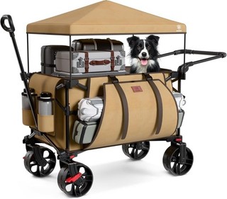 Camping Trolley Folding Wagon Festival Beach Cart Removable Canopy Khaki 225L