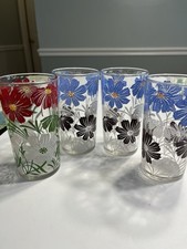 Vtg 1970s Blue Daisies Floral Drinking Glasses 4pc