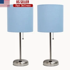 2 Pack Desk Lamps Charging Outlet Brushed Steel Base Fabric Shade Home Office US