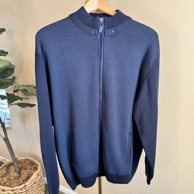 VTG Marcello Sport Zip Sweater Cardigan Men s 2XL Navy Merino Blend Elbow Patch