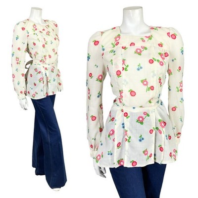 VINTAGE 60ER 70ER JAHRE CREME ROSA BLAU GRÜN GEBLÜMT MOD QUADRATISCHER AUSSCHNITT BINDEBAND TAILLE BLUSE 10