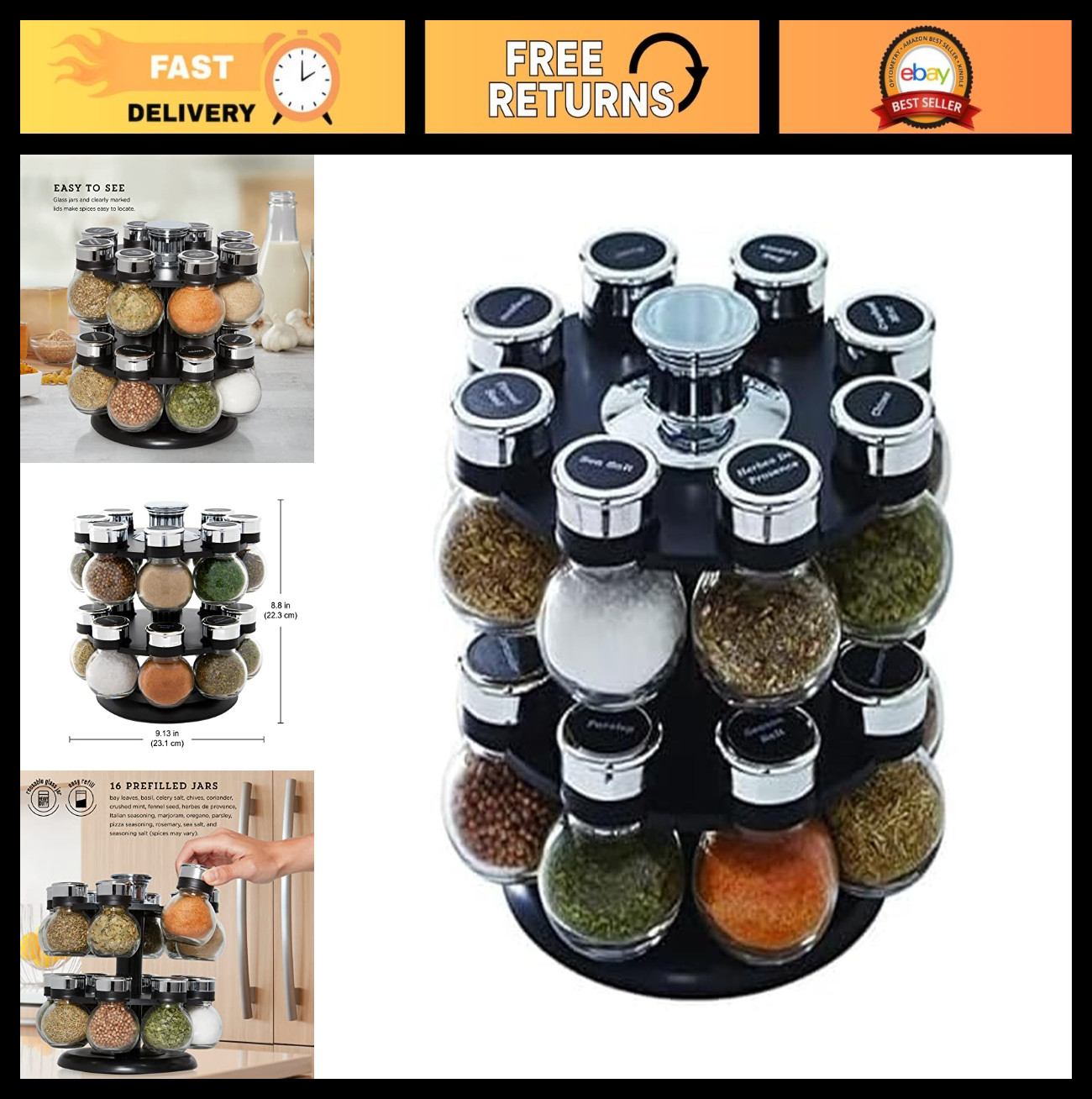 16 Jar Revolving Countertop Spice Rack with Lift & Pour Caps, Free Refills, Blac