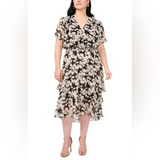 Plus Size Floral Wedding Guest Dress 3X Faux Wrap Midi Flutter Sleeve Tiered