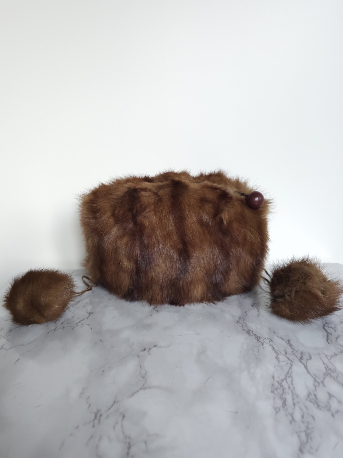 Vintage Rare Fur Hand Muff with Zip Pocket & Matching Pom-Pom 1950s 1960s