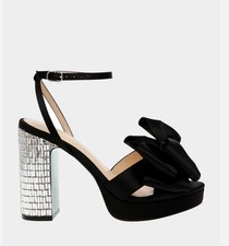 Betsey Johnson Maddy Black Satin Bow Rhinestone Platform Block Heel Sandal 6.5