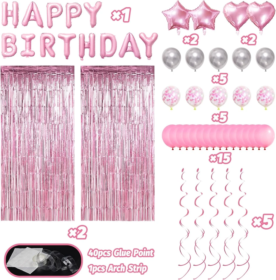 Decoraciones de cumpleaños rosa pancarta globos confeti flecos cortina corazón lámina Foto 2 de 4