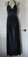 Cache Vtg Blue Built-in Bra Beaded Pleated Halter Evening Gown Sz 6