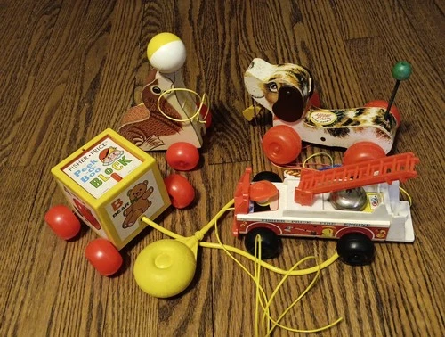 Vintage Fisher Price Pull Toy Loy Fire Truck - Dog - Seal  -Peekaboo Block Works