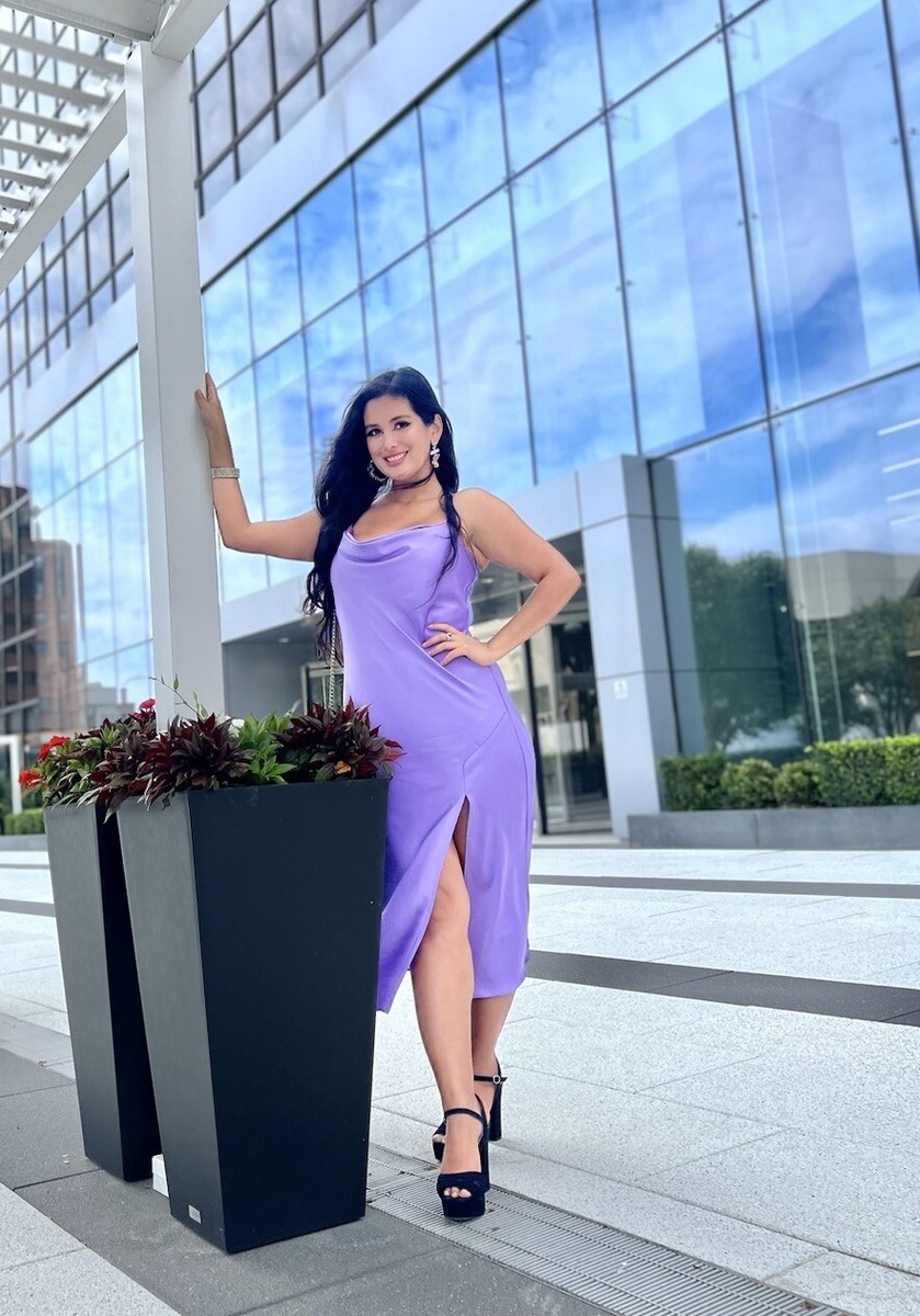lilac satin cowl neck dress KissProm