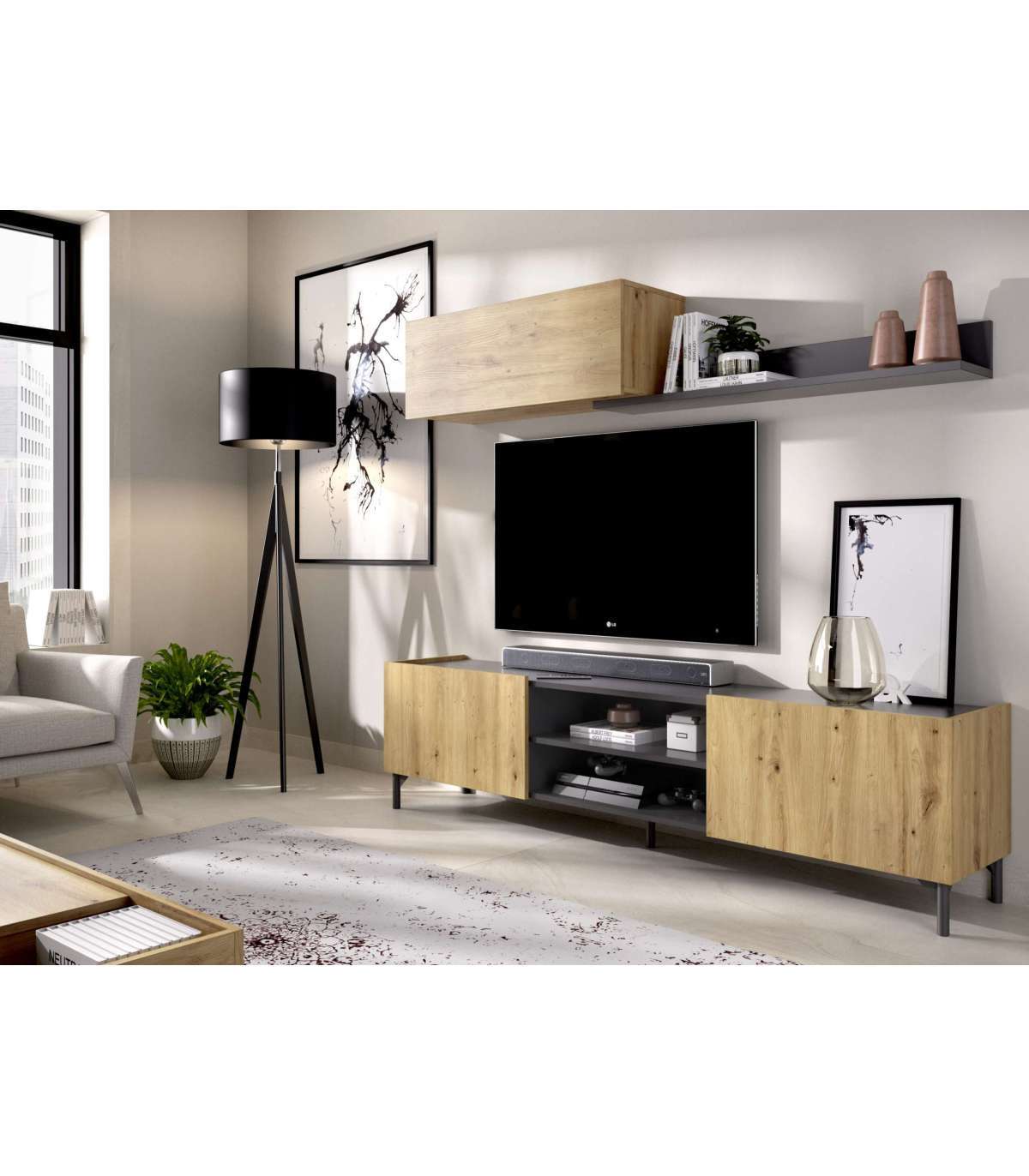 DKT, Conjunto modular para salón Duna acabado Nordic-Grafito, 180 cm(ancho) 182.